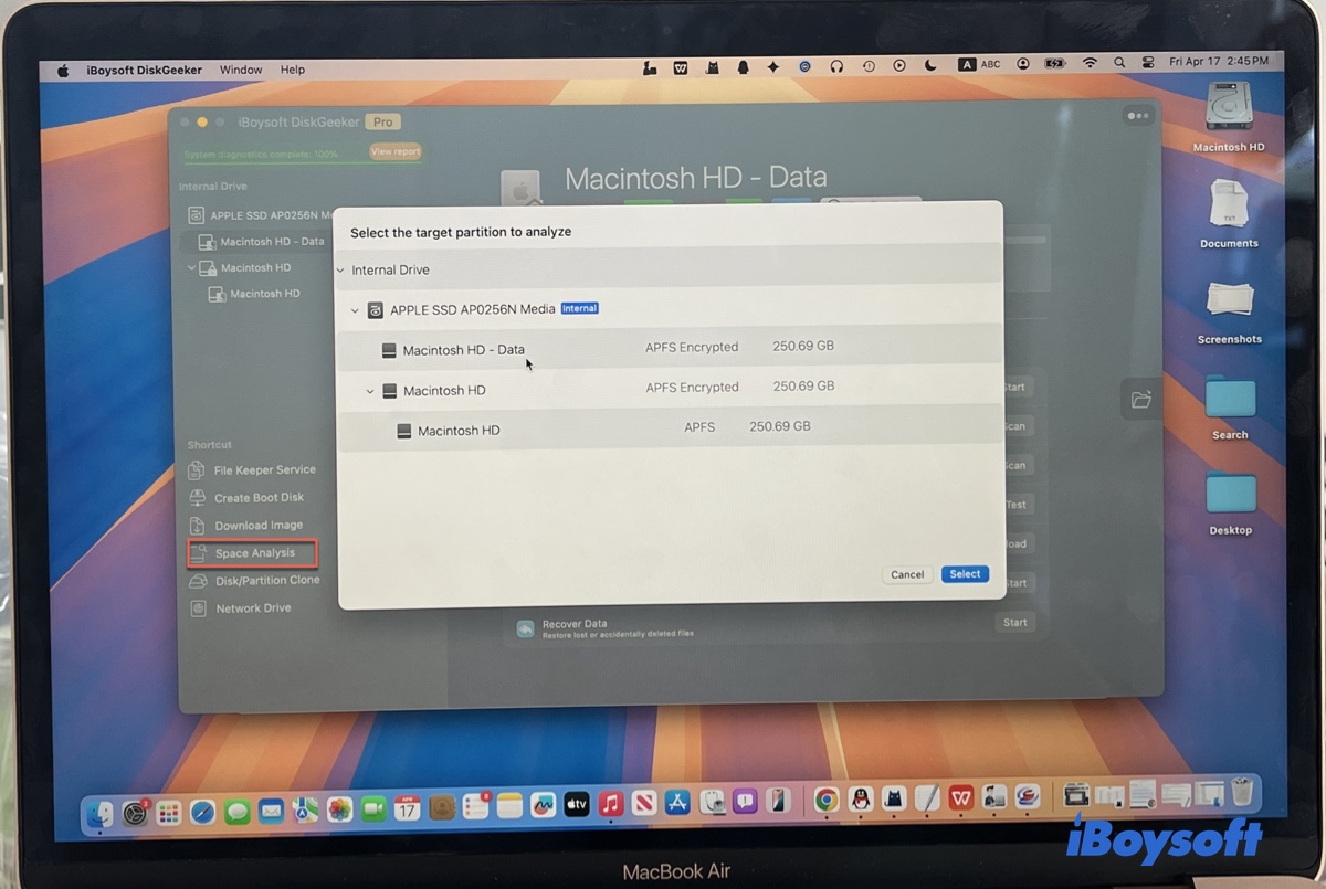 Choosing to scan the internal partition Macintosh HD - Data