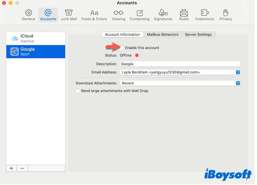 disable account in Mail on Mac