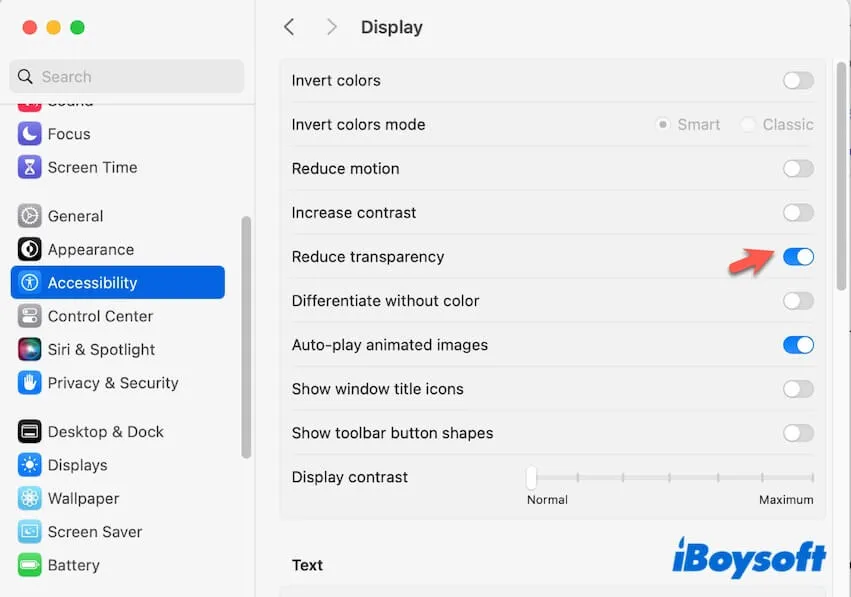 reduce display transparency on Mac