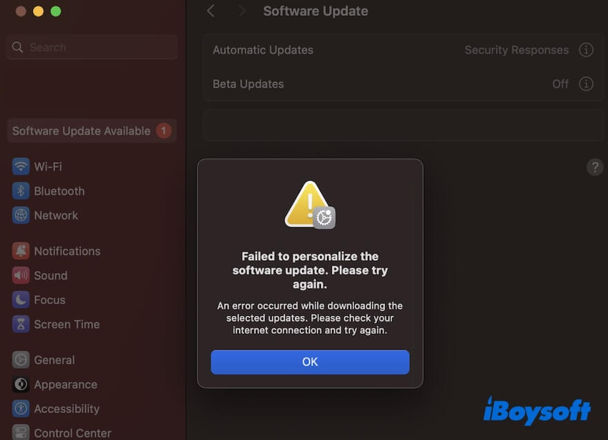 macOS Sequoia error al personalizar la actualización del software