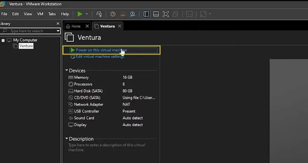 power on macos vmware virtual machine