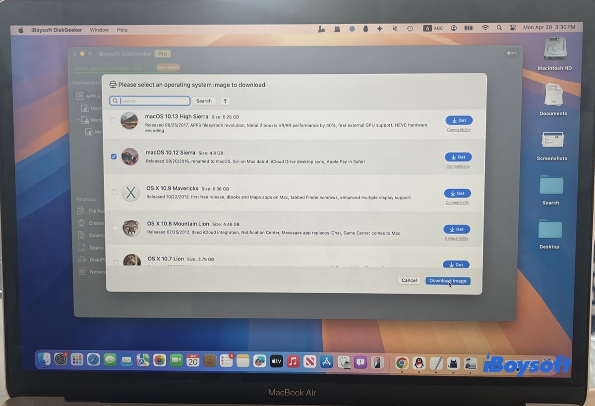 macOS Sierra DMG dosyası seçimi