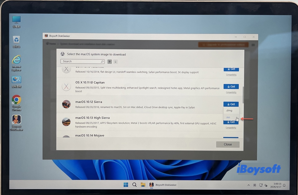 macOS Sierra ISO biçiminin seçilmesi