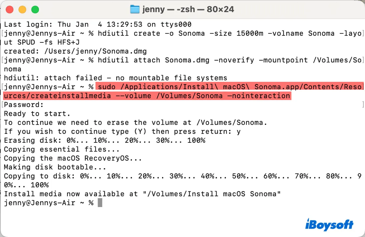 Create the bootable macOS Sonoma DMG in Terminal