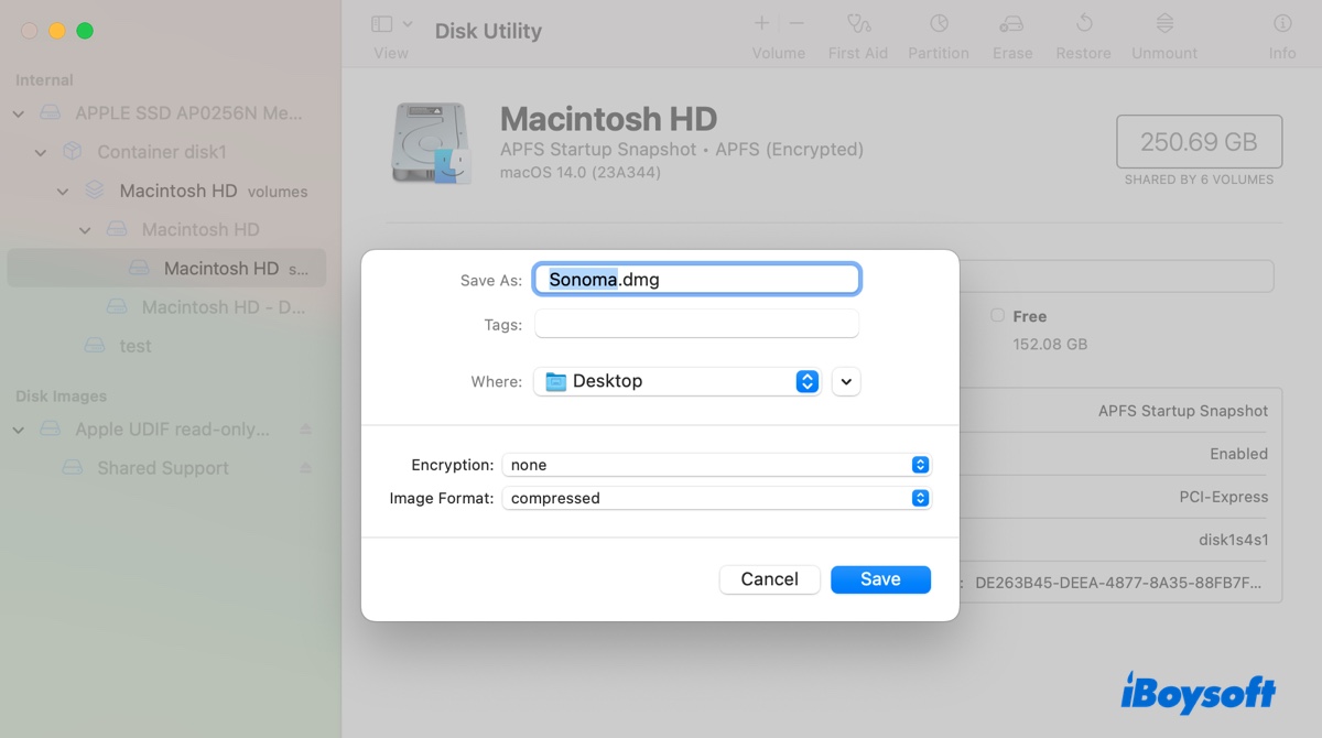 Create the macOS Sonoma DMG file in Disk Utility