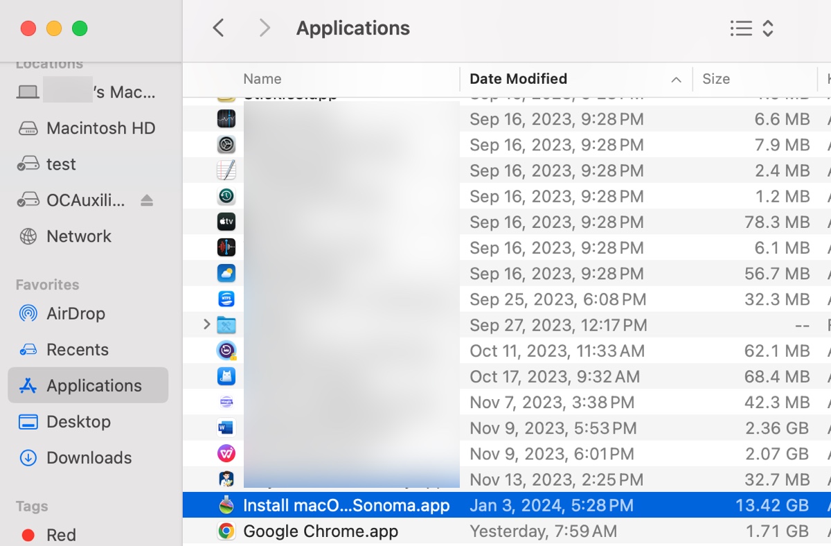 macOS Sonoma installer in the Applications folder