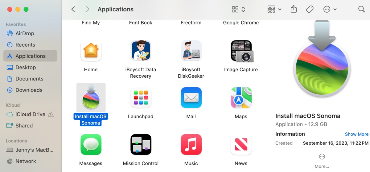 Instalador completo do macOS Sonoma na pasta Aplicativos