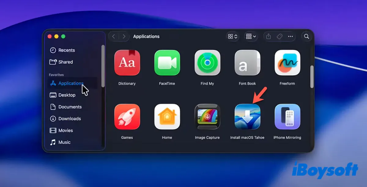 Instalador completo do macOS Tahoe na pasta de Aplicativos