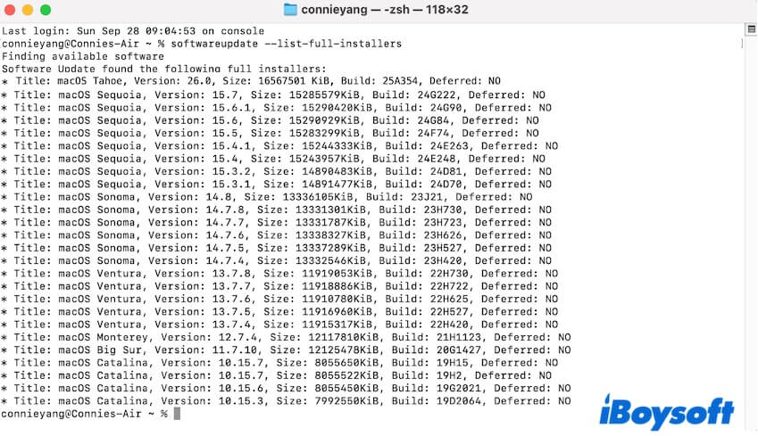 verificar instaladores completos do macOS disponíveis no Terminal