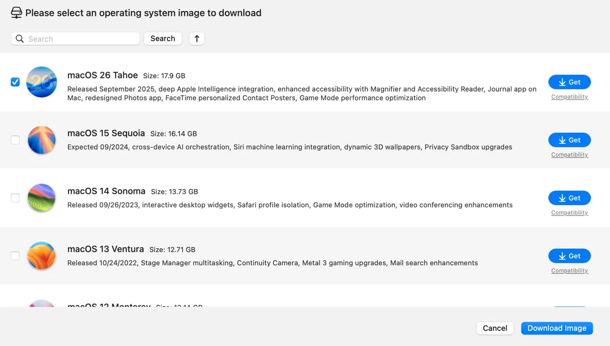 Descarga del instalador completo DMG de macOS Tahoe