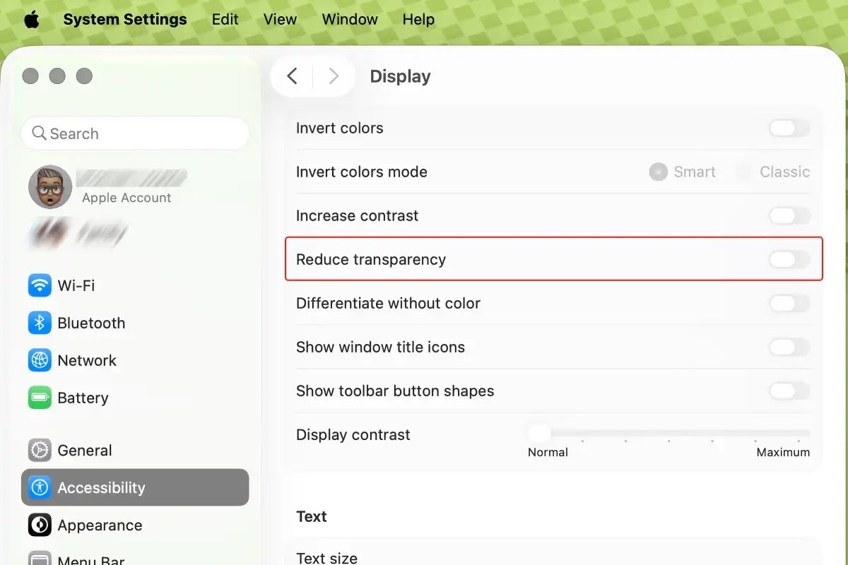 Reduce transparency on macOS Tahoe