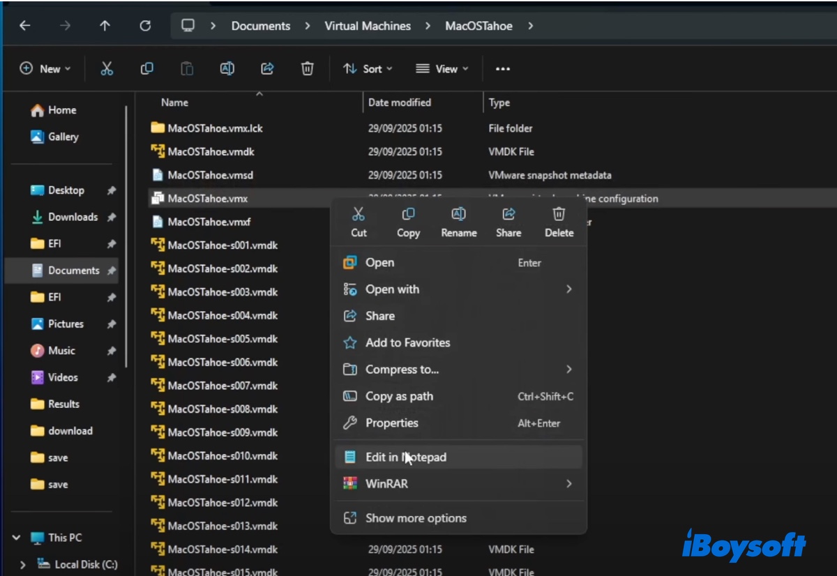 Bearbeiten Sie die macOS Tahoe VMX-Datei in Notepad
