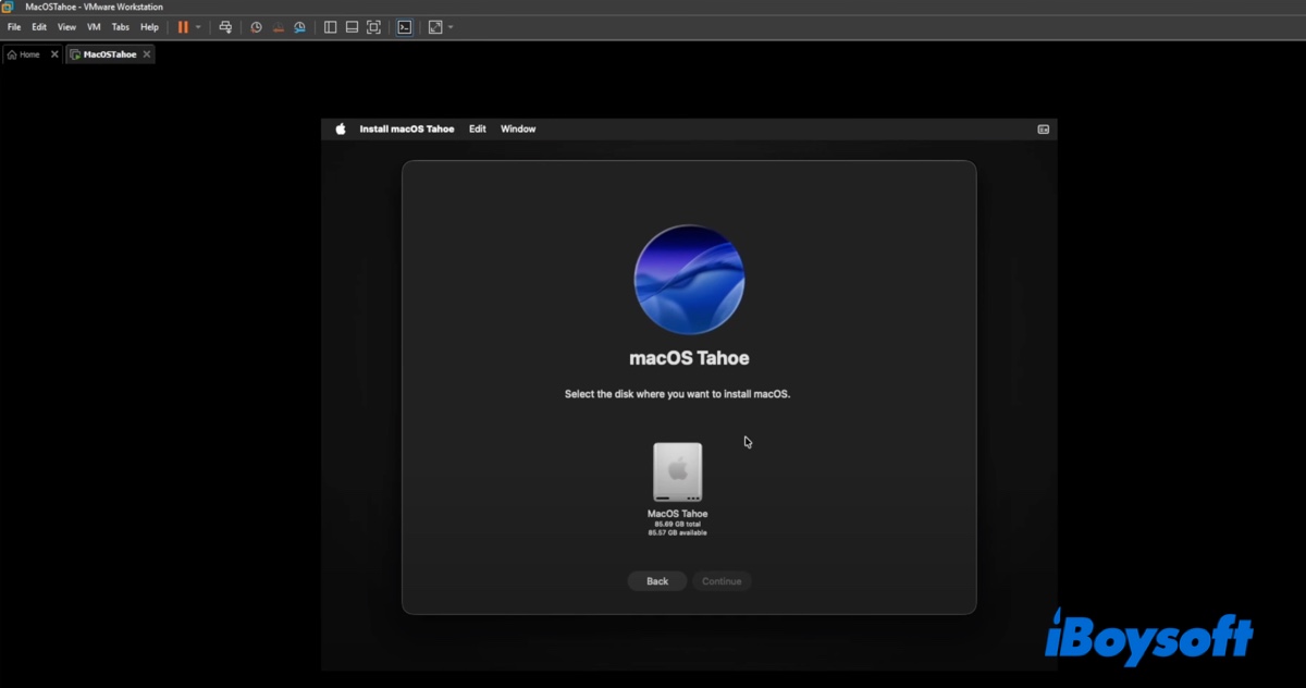 Wählen Sie die macOS Tahoe virtuelle Festplatte als Ziel aus