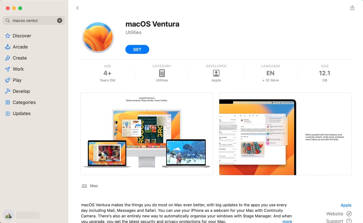 App Store から macOS Ventura フルインストーラーをダウンロード