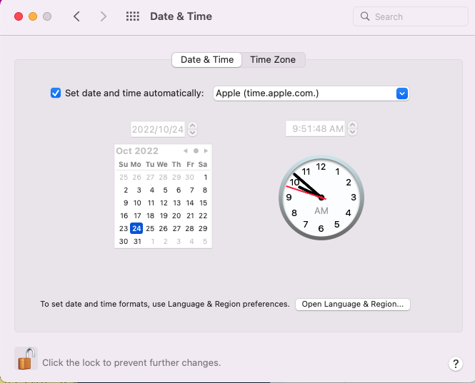 synchroniser la date et l'heure avec le serveur d'Apple