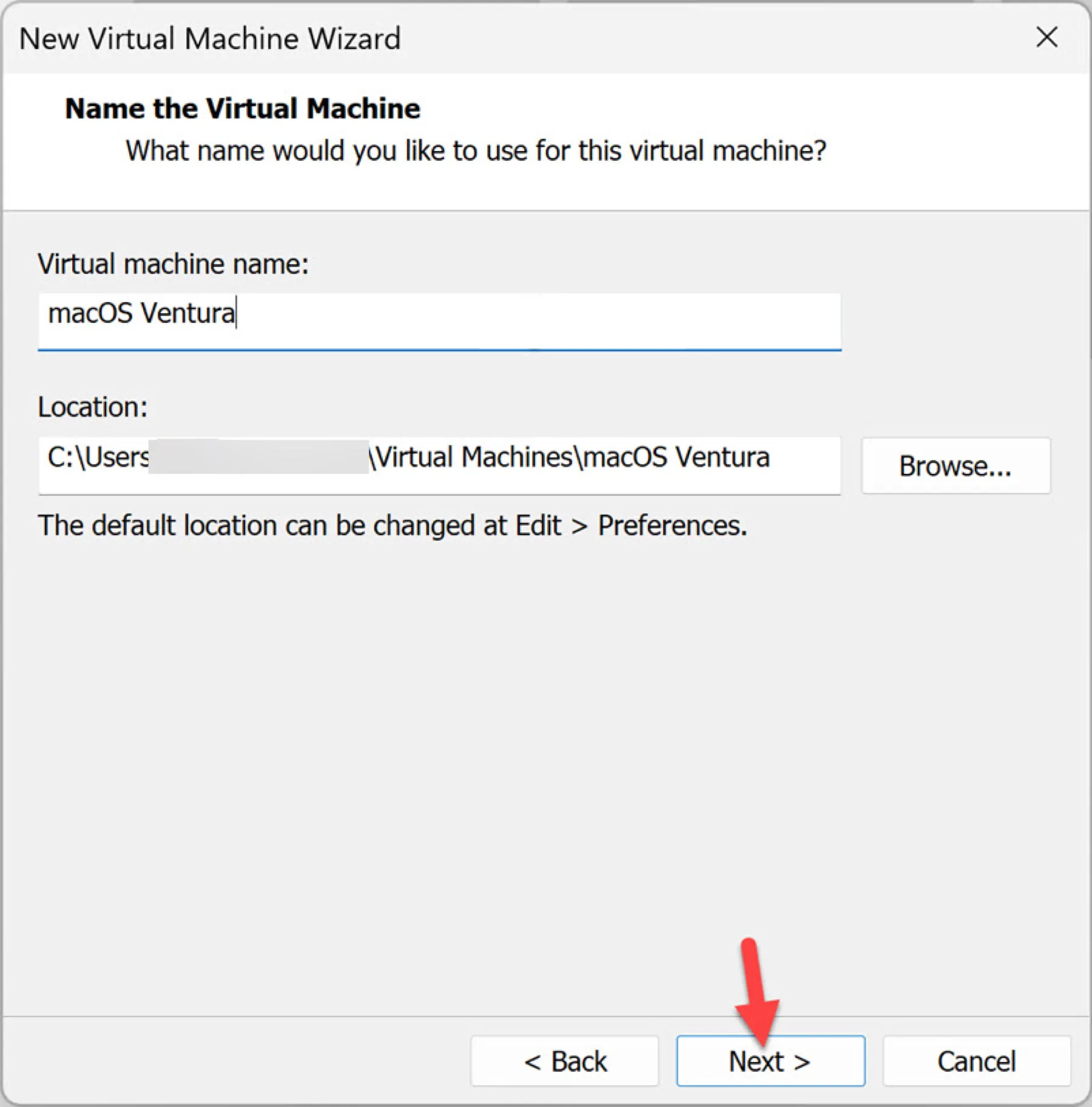Name your virtual machine and save it to a location