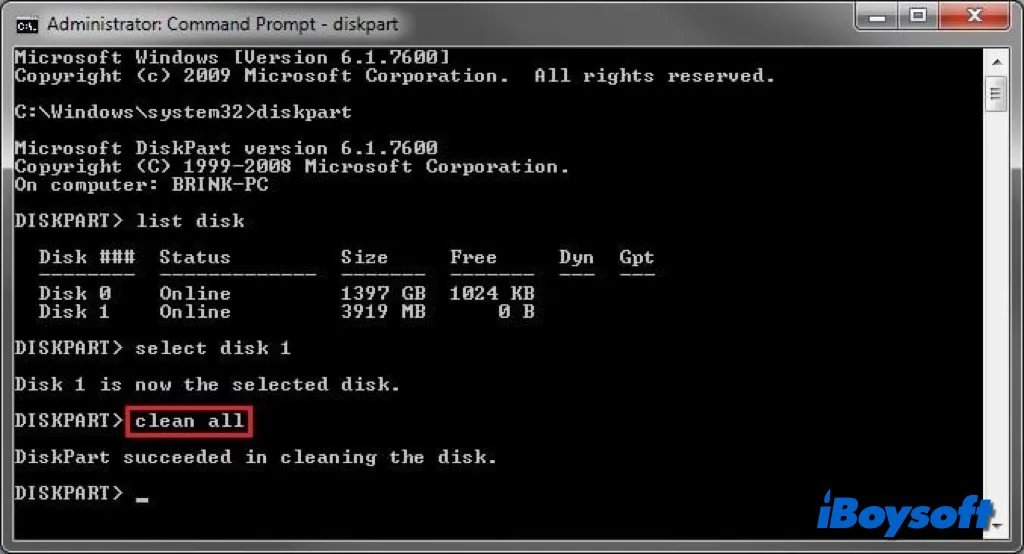 diskpart clean