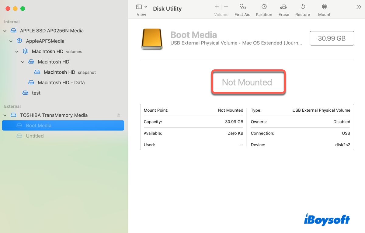 External hard drive says not mounted on Mac