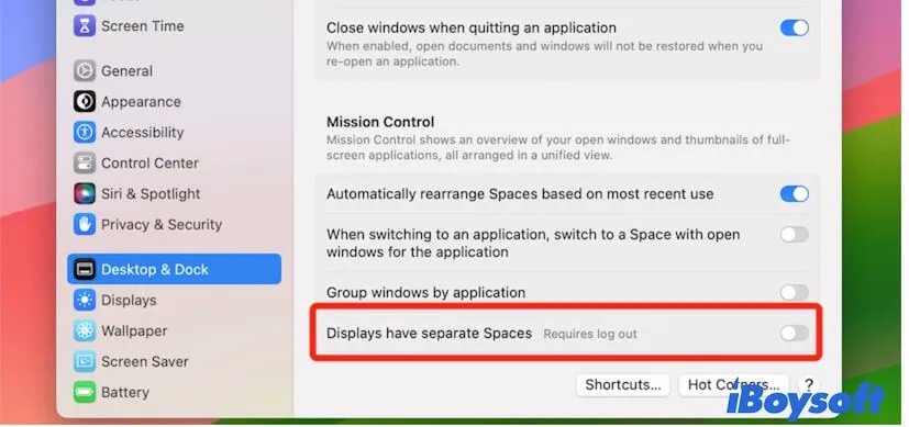 Separate Spaces für Bildschirme deaktivieren