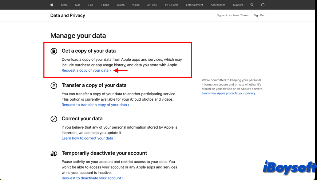 request a copy of your data from apple