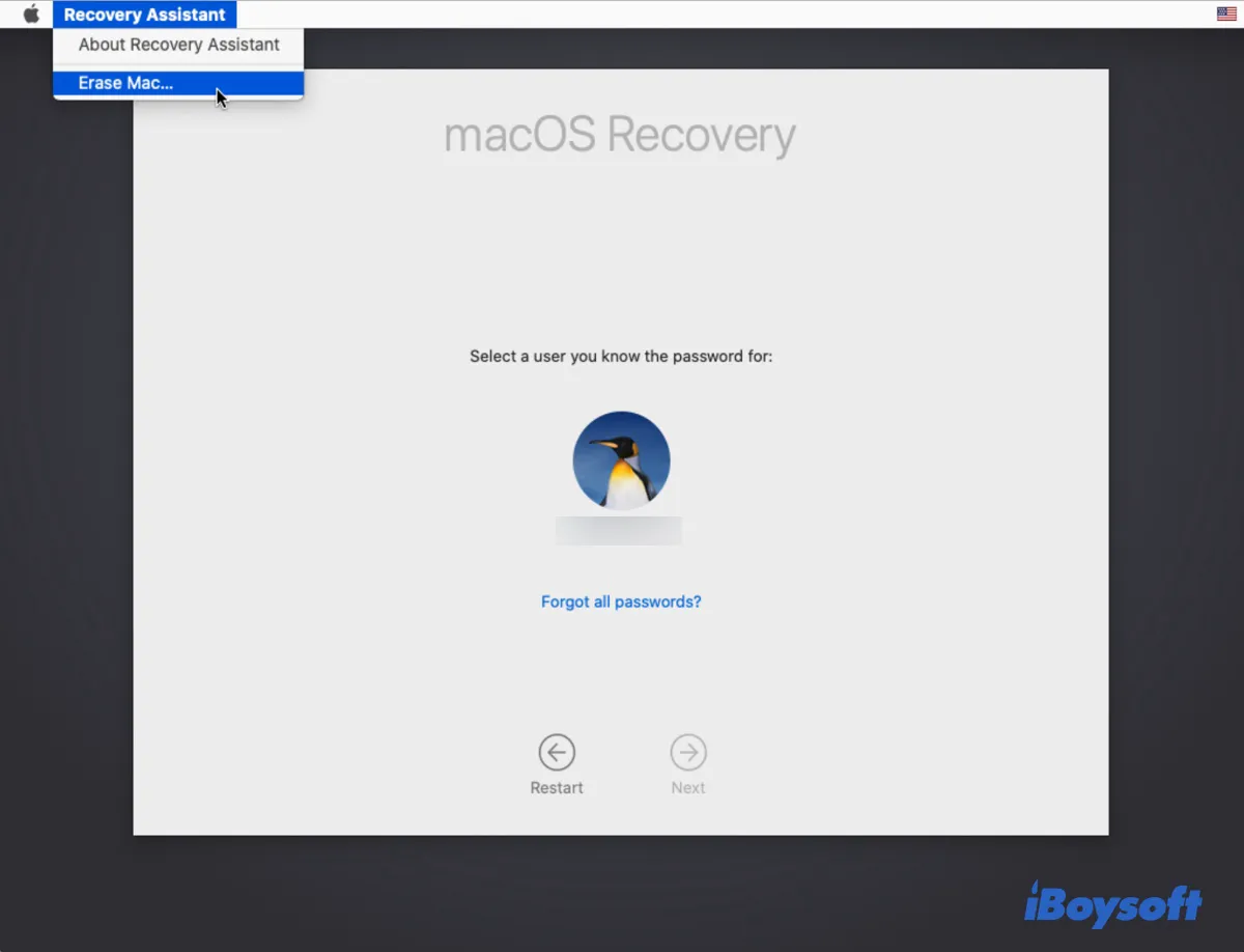 Effacer le Mac à partir de l'Assistant de récupération pour résoudre le problème de réinstallation de macOS sans disque