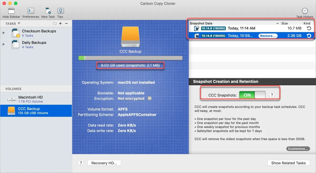 The snapshot feature of third party software taking space on external drive