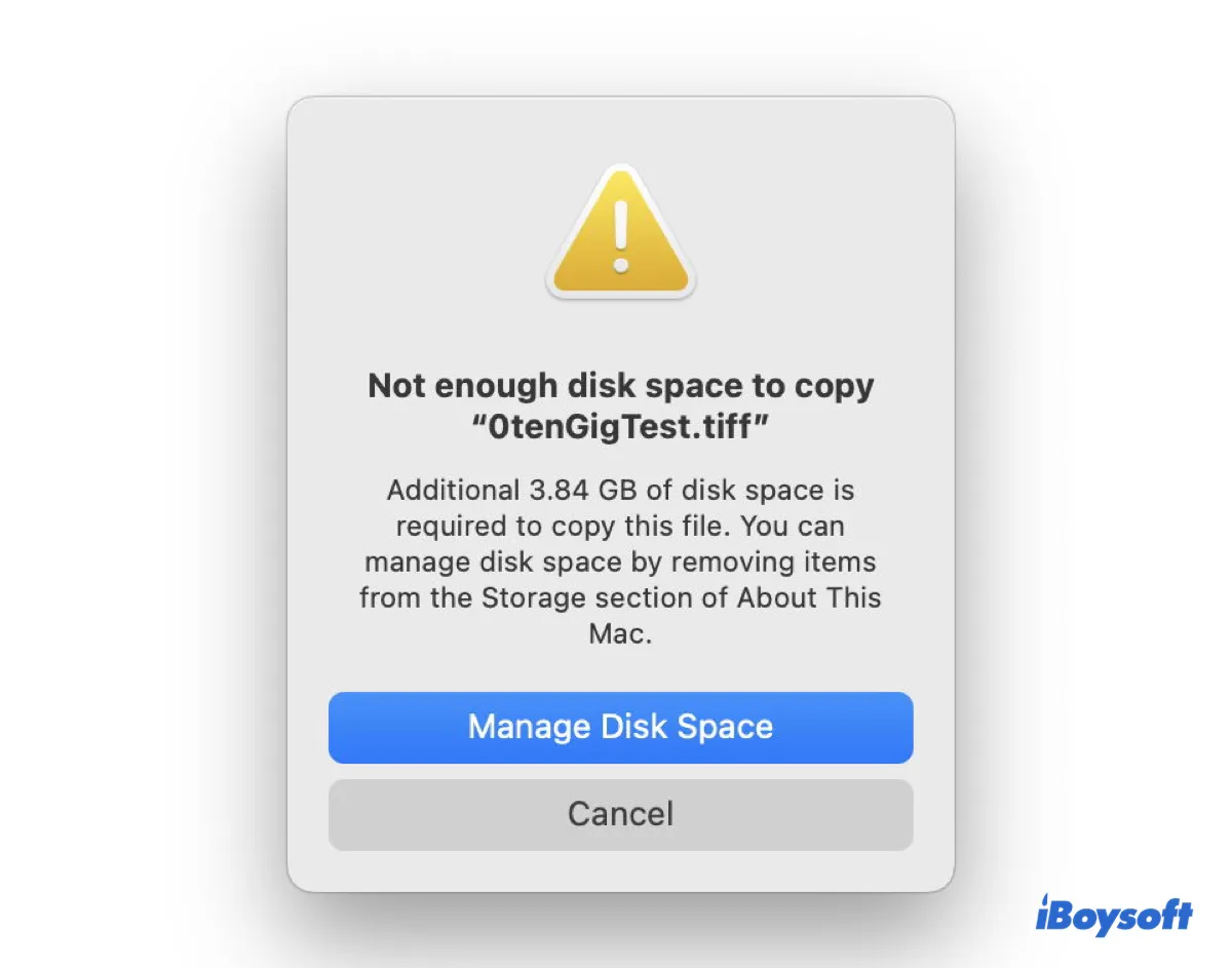 O erro dizendo que não há espaço em disco suficiente para copiar no Mac