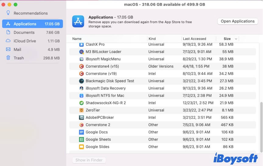 Supprimer des applications dans l'optimiseur de stockage Mac