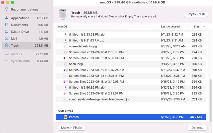 gerenciar arquivos na Lixeira do otimizador de armazenamento do Mac