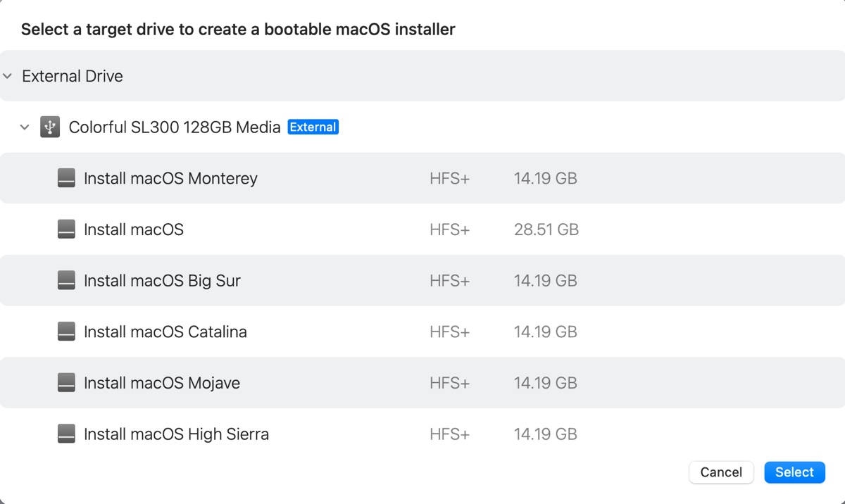 Choisir un disque externe pour créer un disque bootable