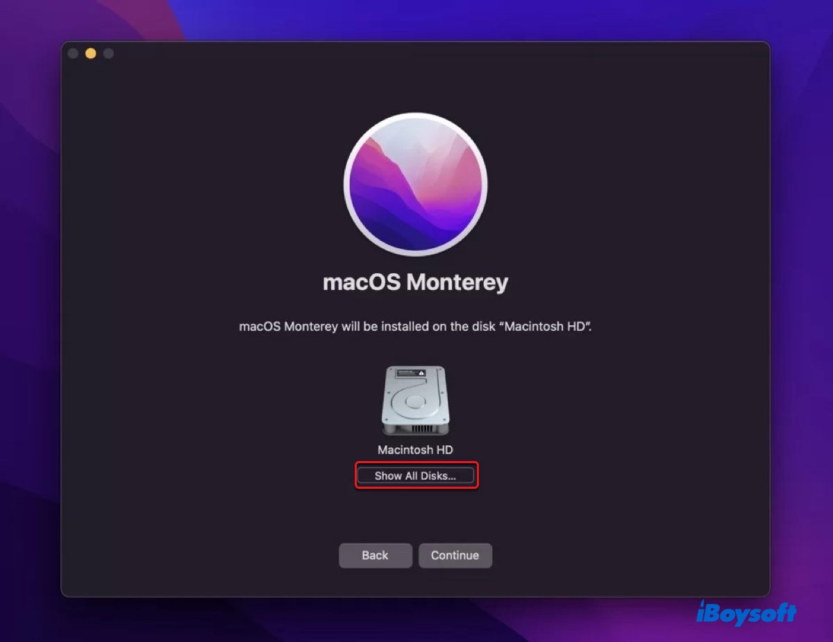 Click Show All Disks to select your external drive to install macOS