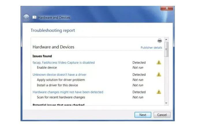 Hardware and devices troubleshooter issue list