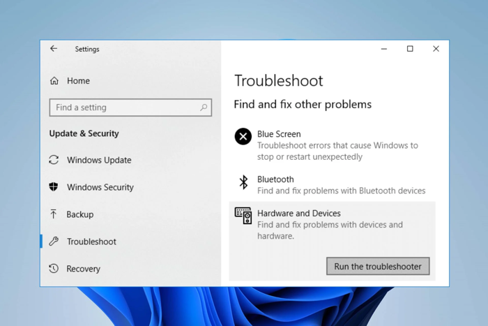 repair insert disk error with hardware and devices troubleshooter
