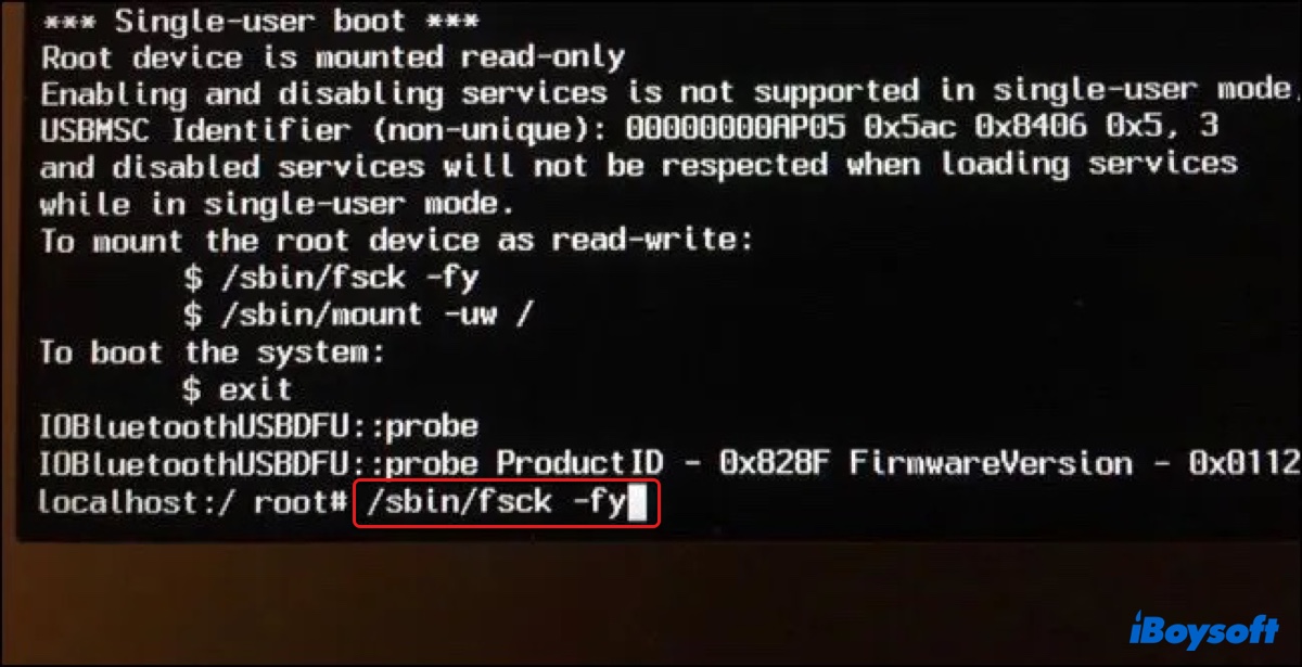 Exécuter fsck pour réparer la carte de partition en mode utilisateur unique