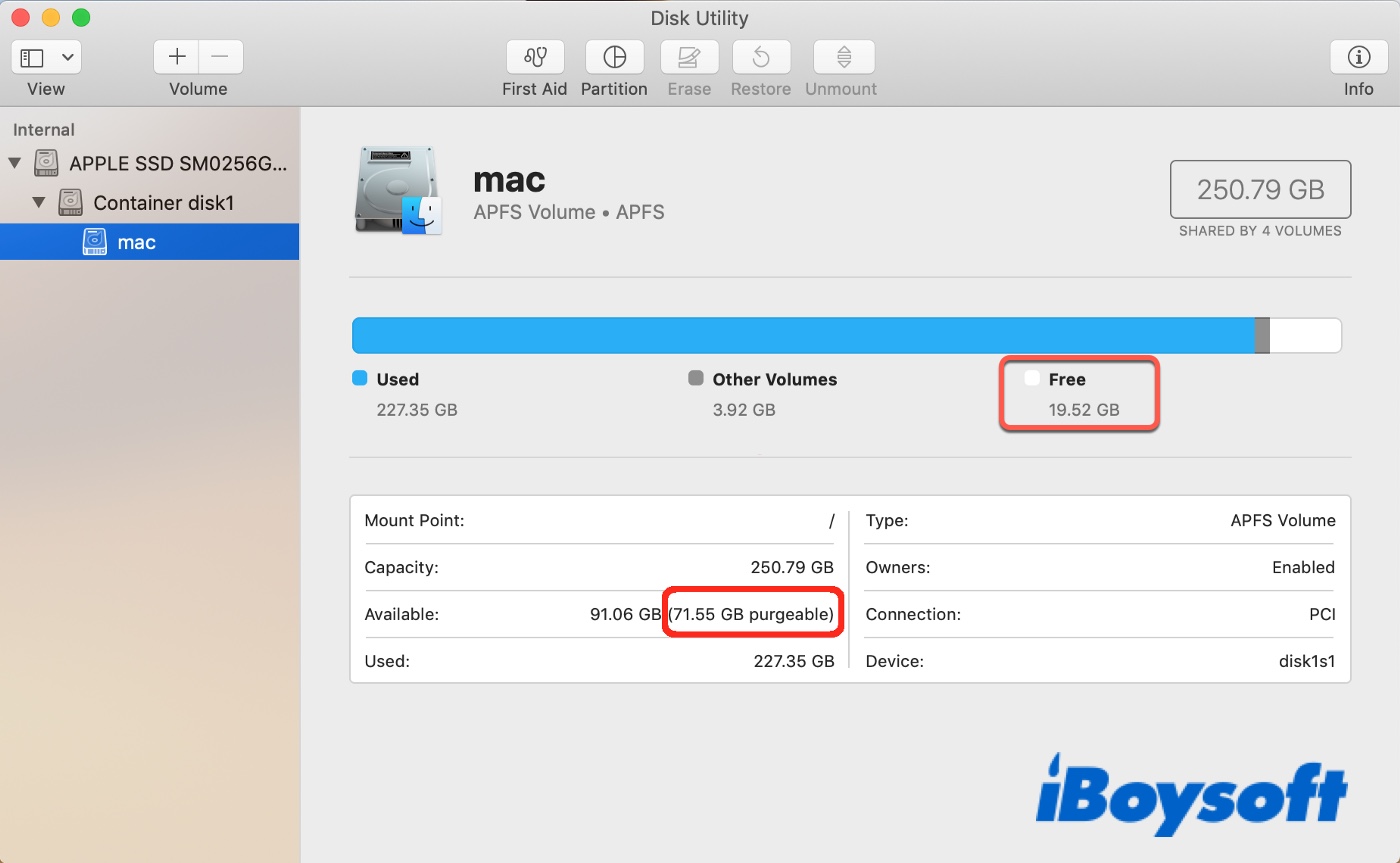 check purgeable space in Disk Utility