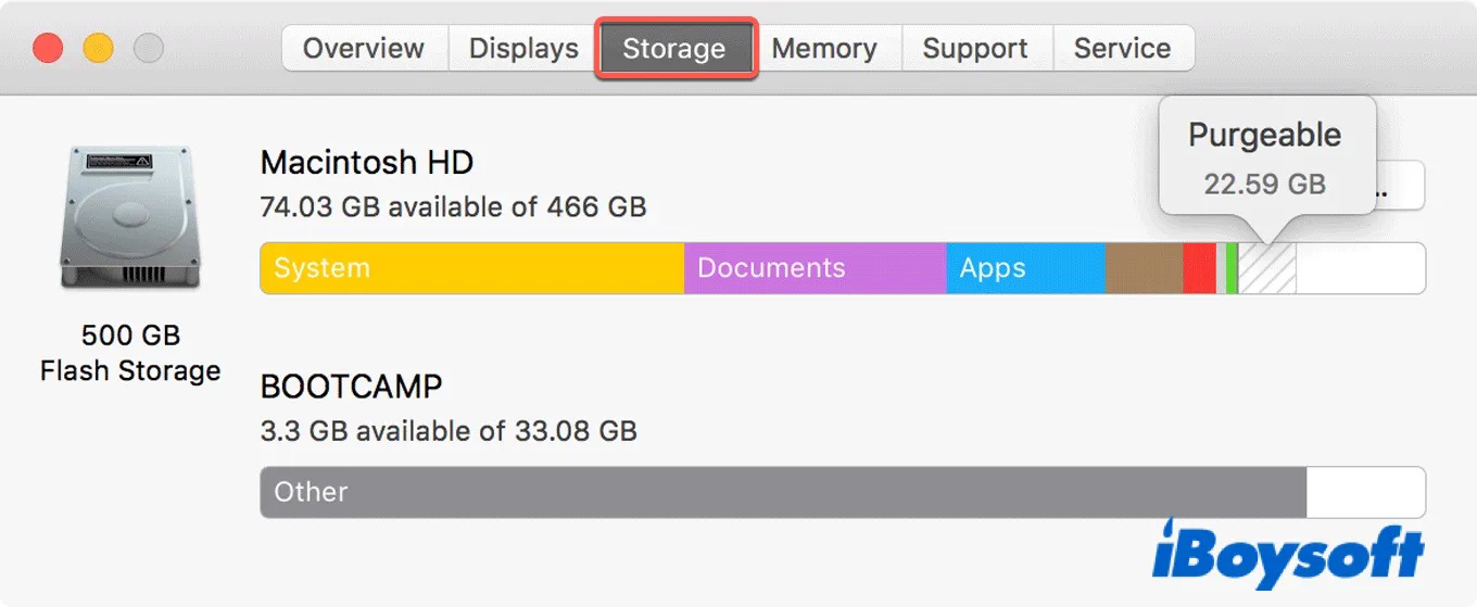 purgeable space on the Storage tab in About This Mac