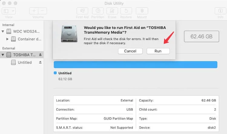 Run First Aid on Mac to fix corrupted external hard drive