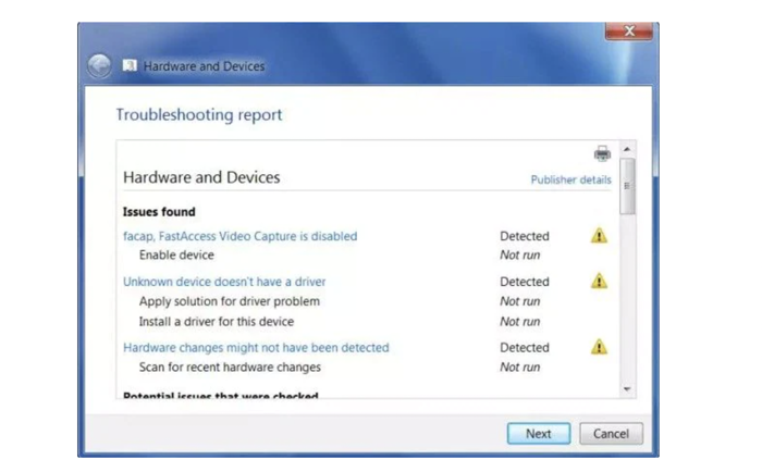 Windows Hardware and Devices Troubleshooting report