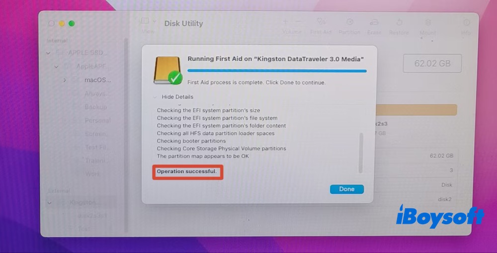 First Aid repair corrupted USB drive Operation successful