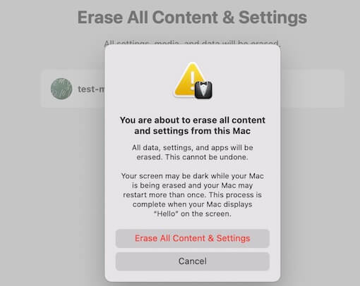 confirm erase all content and settings on macOS 12
