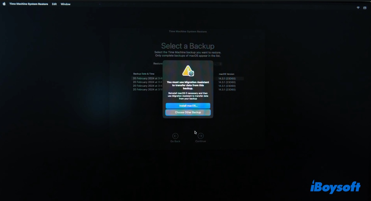 Reinstall macOS before restoring from Time Machine