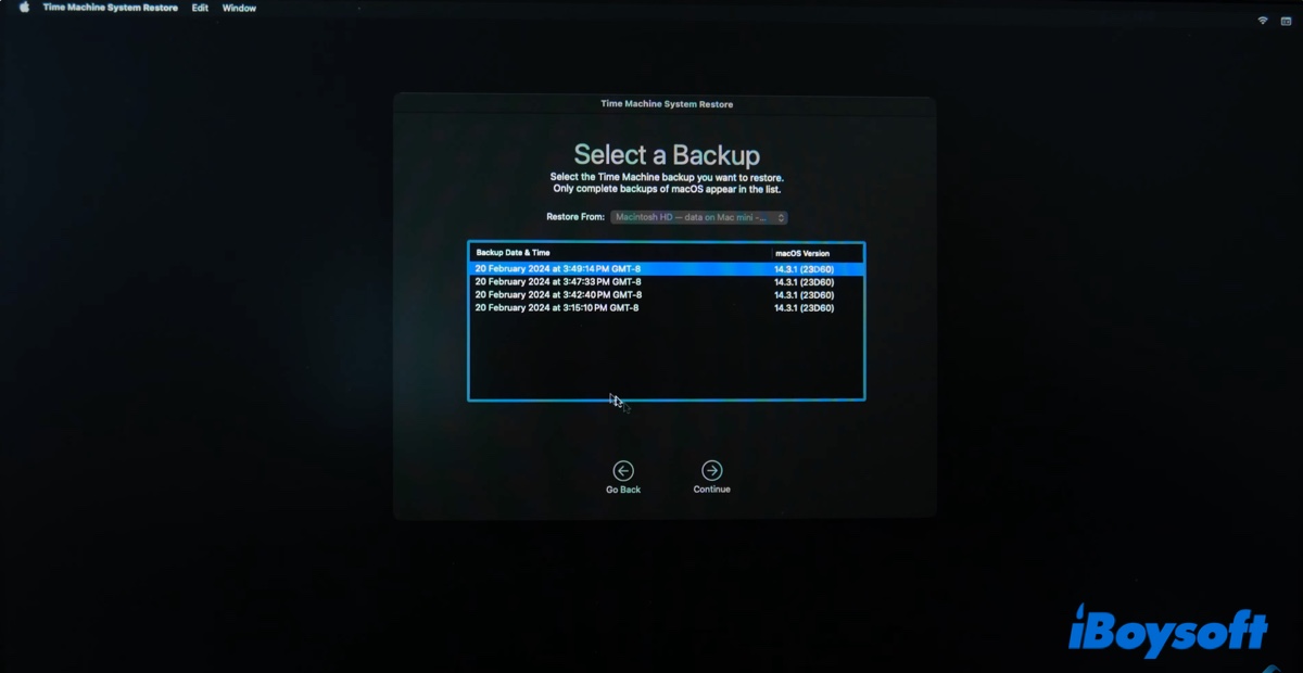 Choose Time Machine backup