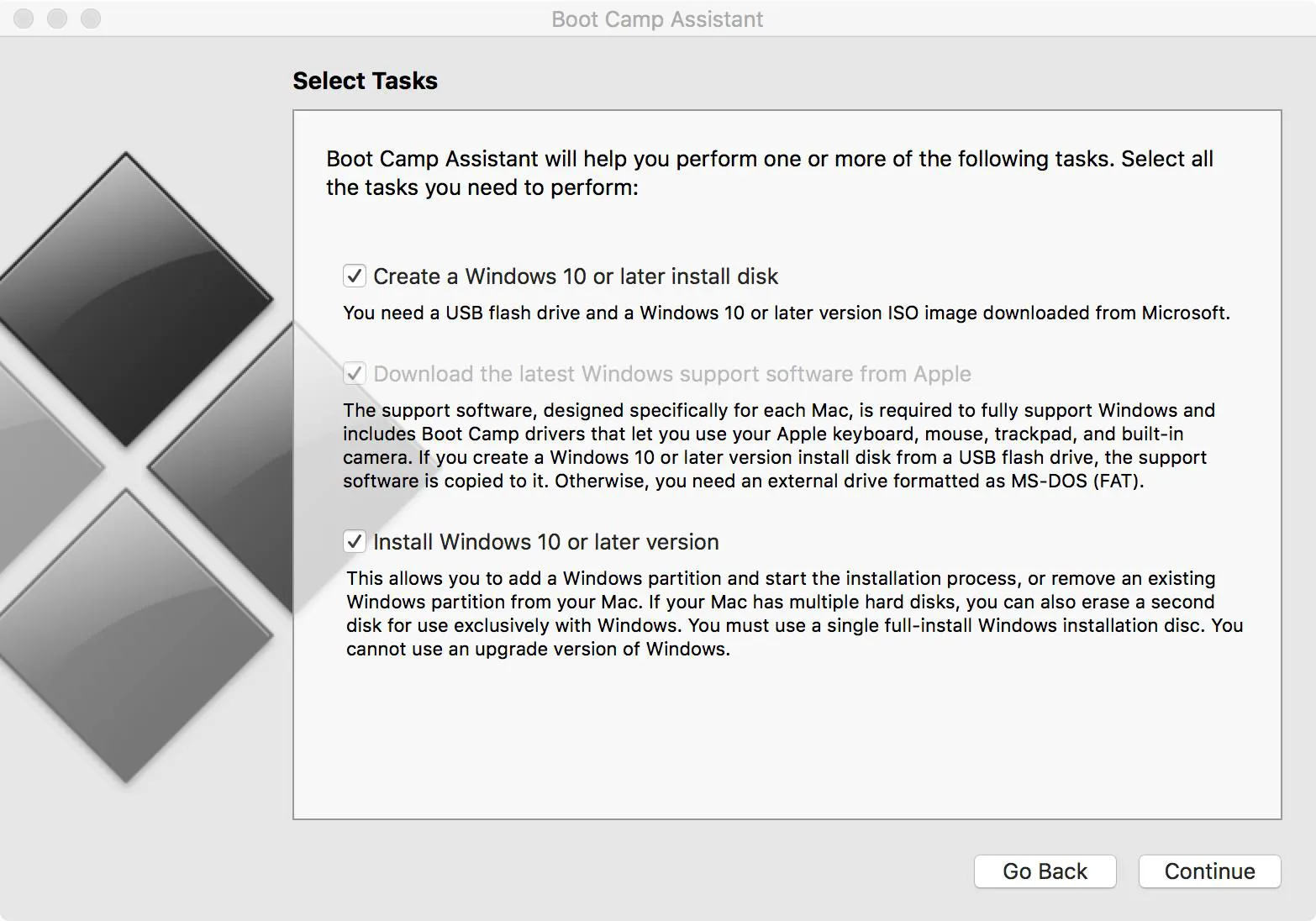 the Select Task window of Boot Camp Assistant