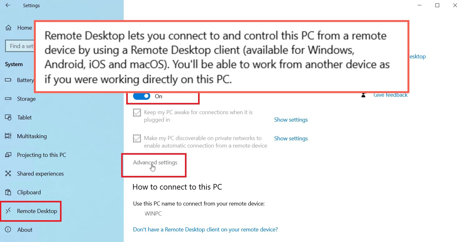 Turn on Remote desktop on Windows