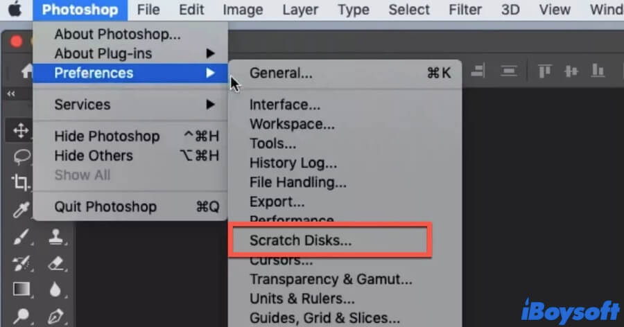 open scratch disk in Photoshop preferences