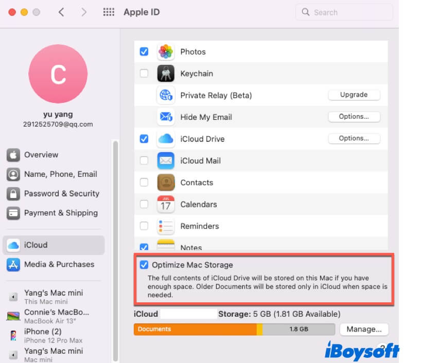 verificar si Optimizar almacenamiento en Mac está activado en iCloud
