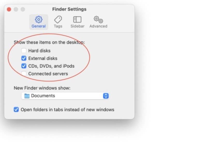 permitir que discos externos sejam exibidos na área de trabalho no Mac