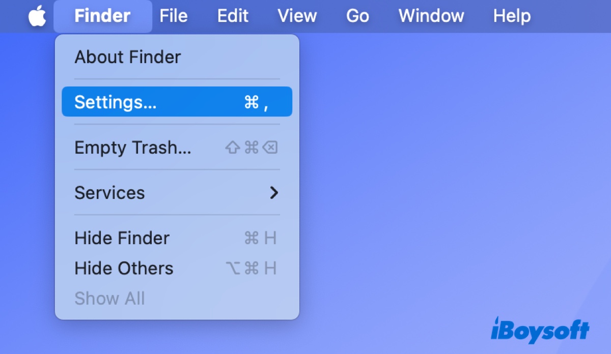 Abrir configurações do Finder