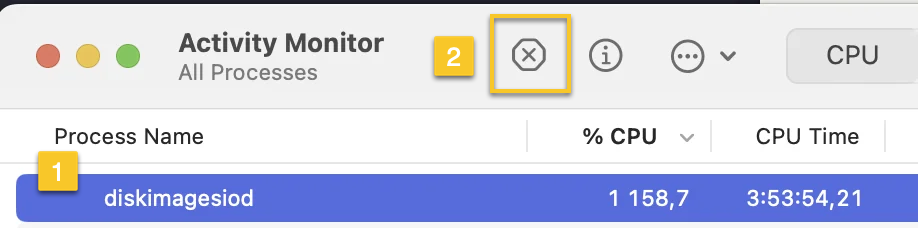 Solve diskimagesiod Hammering CPU on Mac