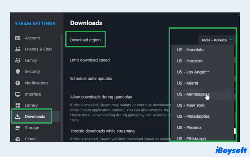 Change Steam download server location